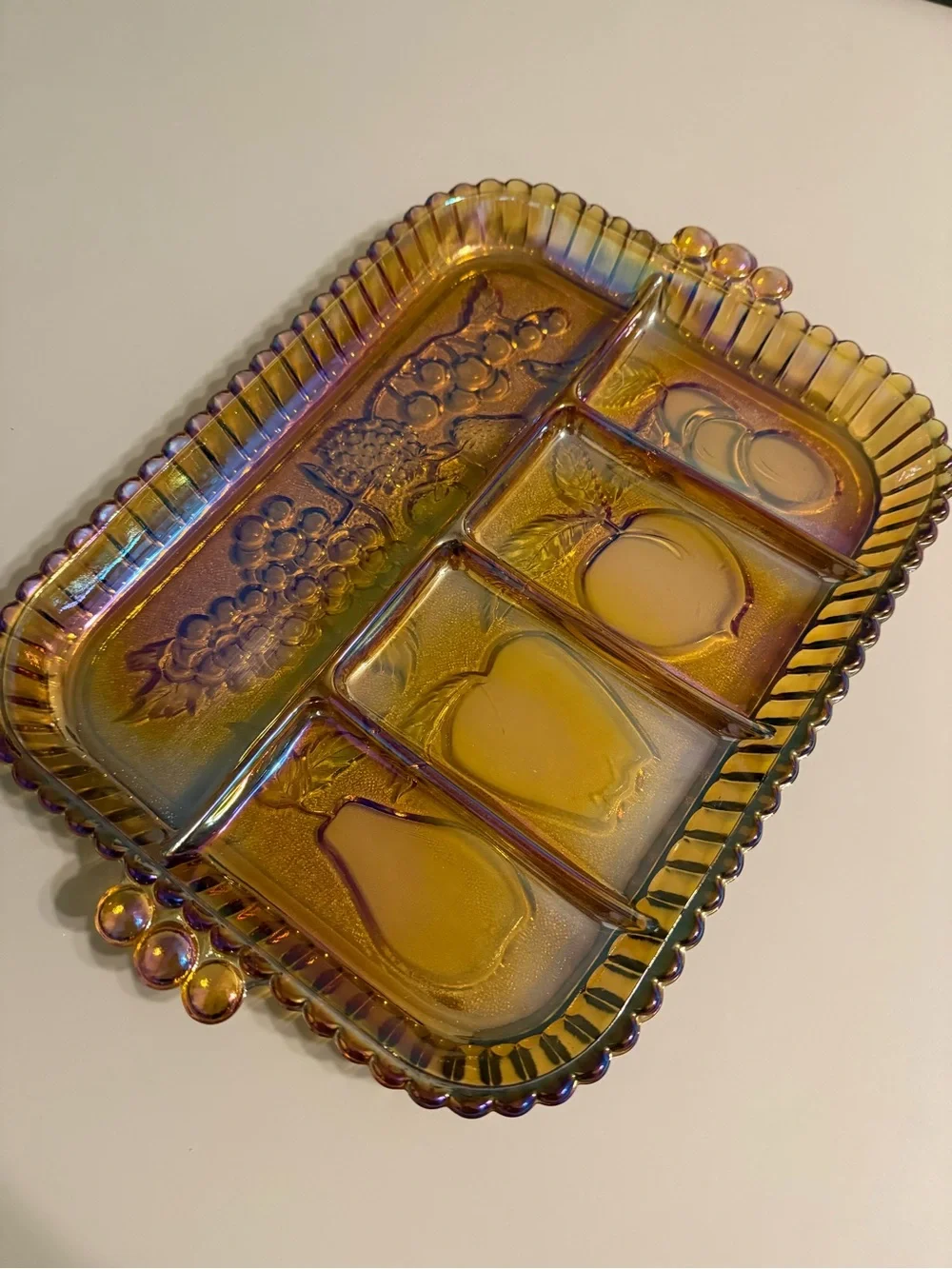Indiana Marigold Carnival Iridescent Glass Divided Tray Platter Fruit Pattern